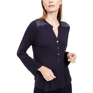 NY Collection Petite Lace-Yoke Knit Top NVY CF PM